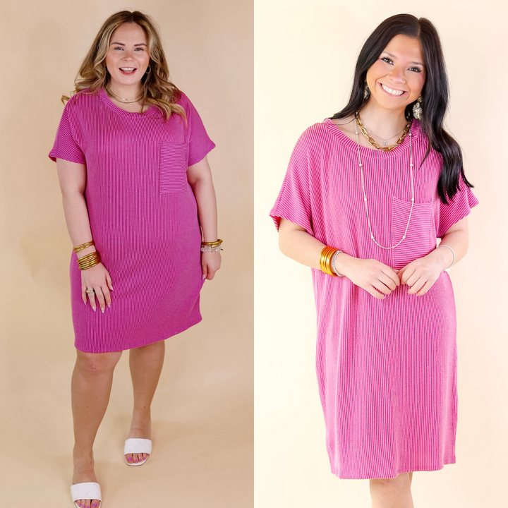 Coffee and Carefree Ribbed Short Sleeve Dress with Front Pocket in Magenta Purple - Giddy Up Glamour Boutique