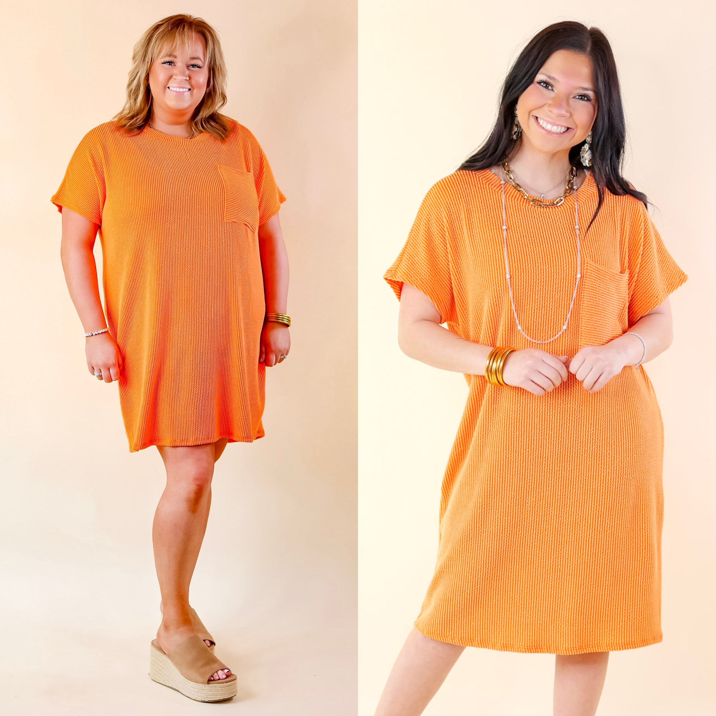 Coffee and Carefree Ribbed Short Sleeve Dress with Front Pocket in Orange