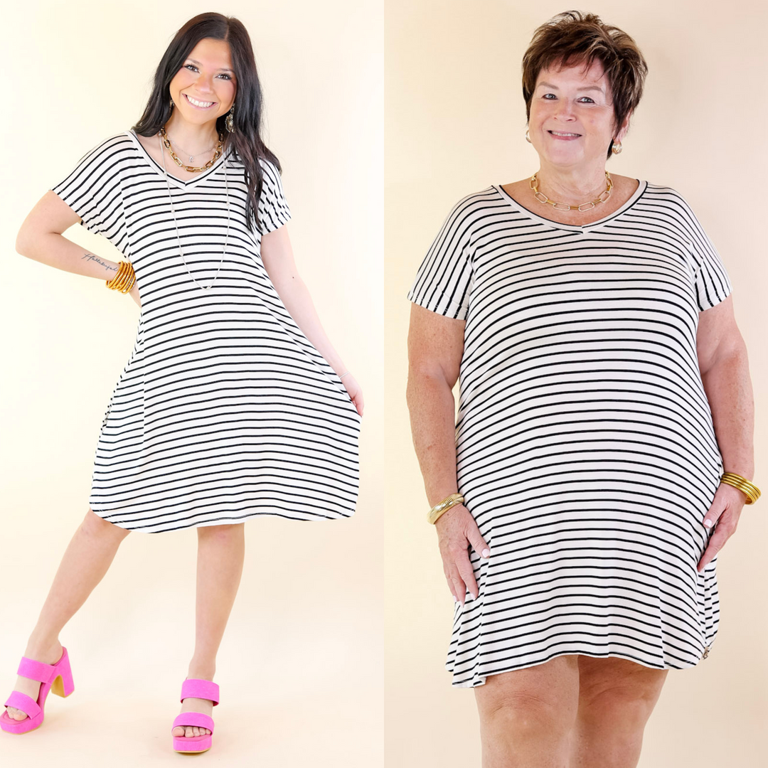 Effortless Moments Striped Short Sleeve Tee Shirt Dress in White - Giddy Up Glamour Boutique