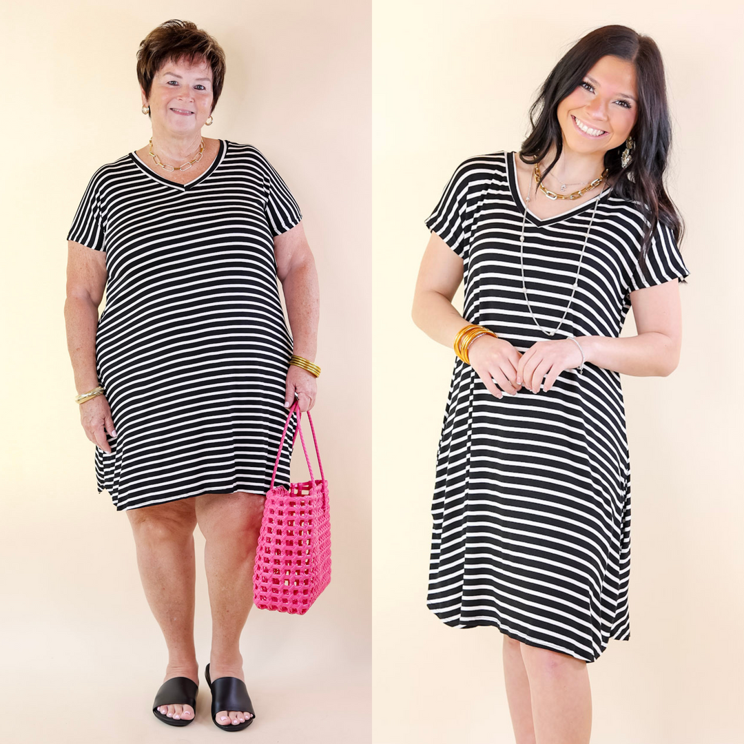 Effortless Moments Striped Short Sleeve Tee Shirt Dress in Black - Giddy Up Glamour Boutique