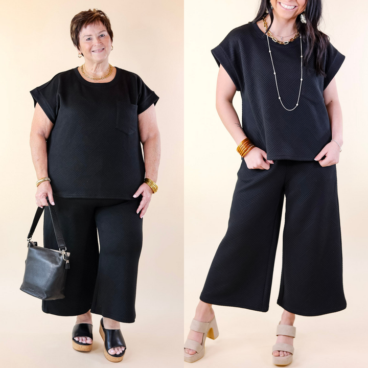 Glamour on the Go Textured Wide Leg Pant in Black - Giddy Up Glamour Boutique