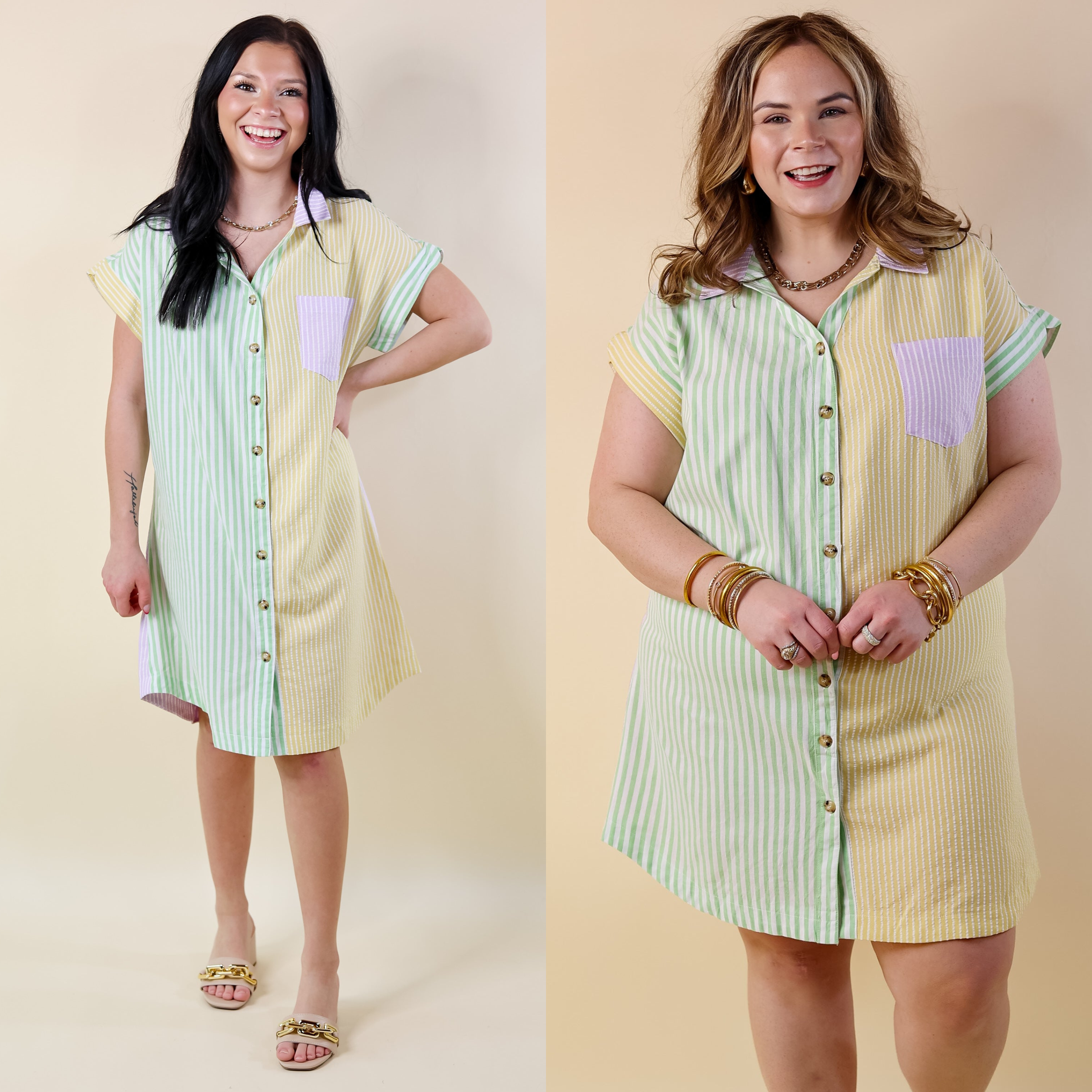 Seasonal Cruisin' Button Up Pinstripe Dress in Purple and Green - Giddy Up Glamour Boutique