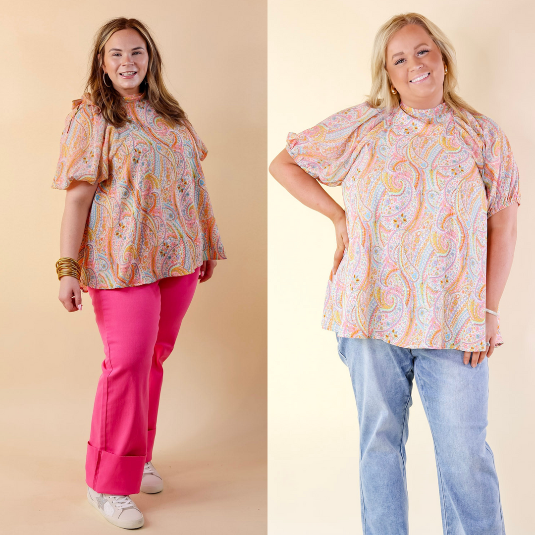 Malibu Pier High-Neck Short Sleeve Top with Open Tie Back in White Multi - Giddy Up Glamour Boutique