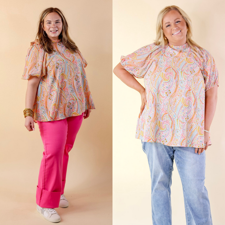 Malibu Pier High-Neck Short Sleeve Top with Open Tie Back in White Multi - Giddy Up Glamour Boutique