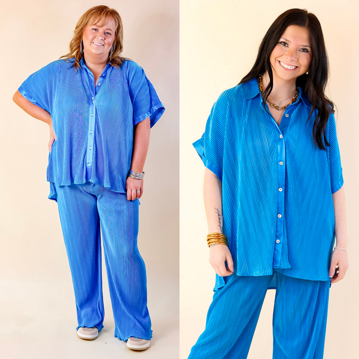 Walking In Paradise Plissé Button Up Top in Blue - Giddy Up Glamour Boutique