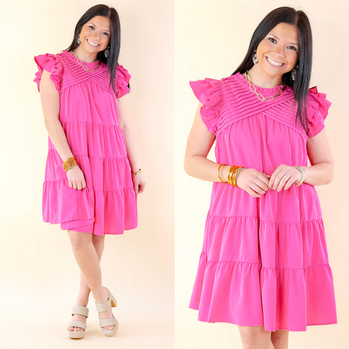 Chic On Scene Ruffle Tiered Dress with Pleated Detailing in Pink - Giddy Up Glamour Boutique