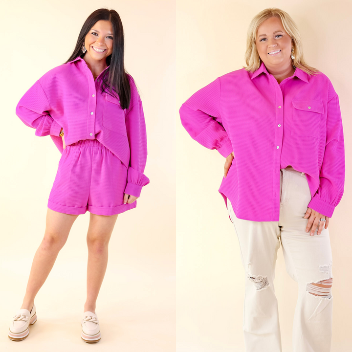 Escaping Ordinary Waffle Weave Button Up Top in Orchid Purple - Giddy Up Glamour Boutique