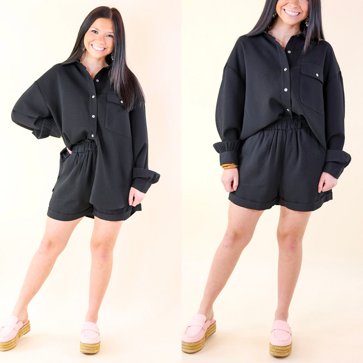 Escaping Ordinary Waffle Weave Shorts with Cuffed Hem in Black - Giddy Up Glamour Boutique