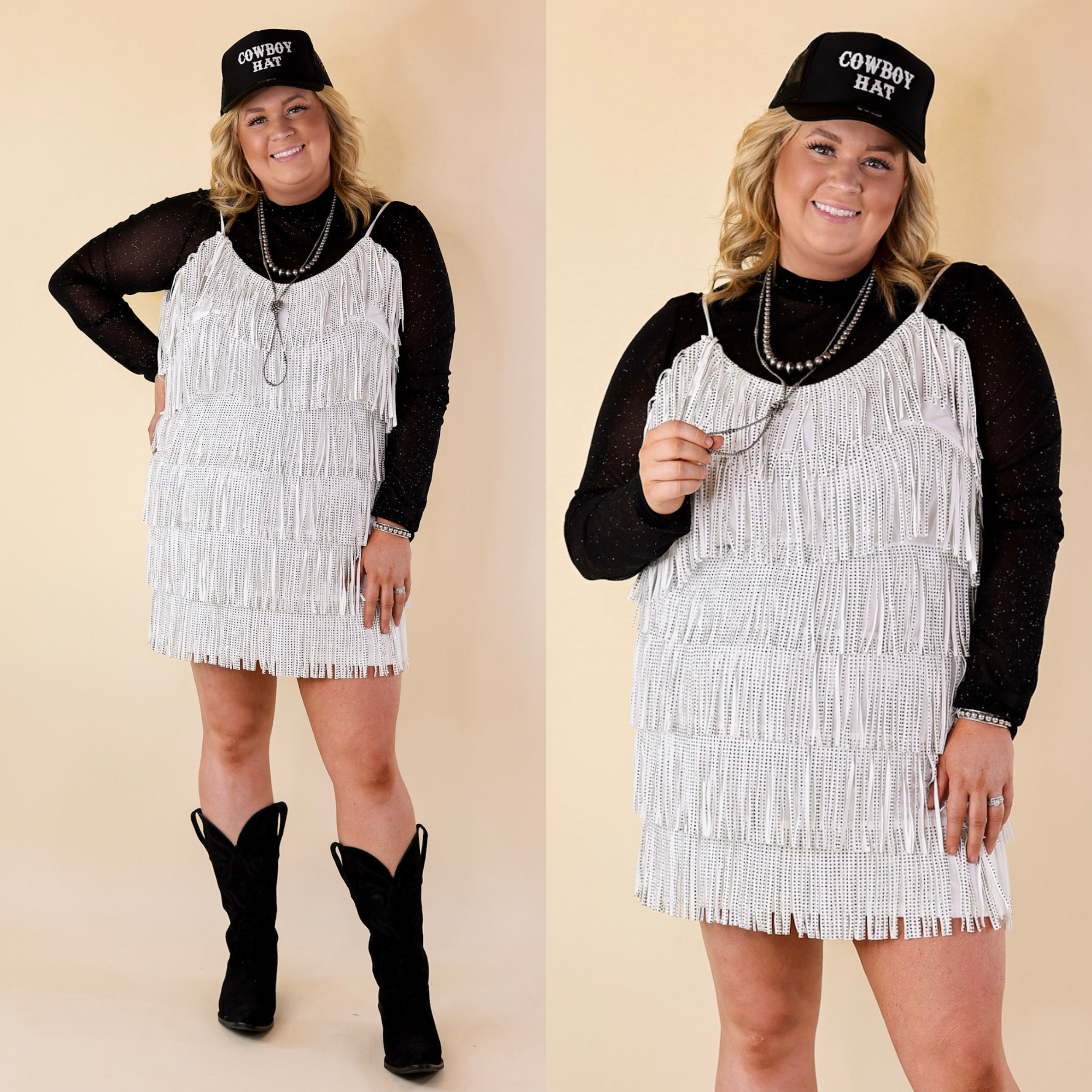 Cowboy Killer Crystal Fringe Dress in White - Giddy Up Glamour Boutique