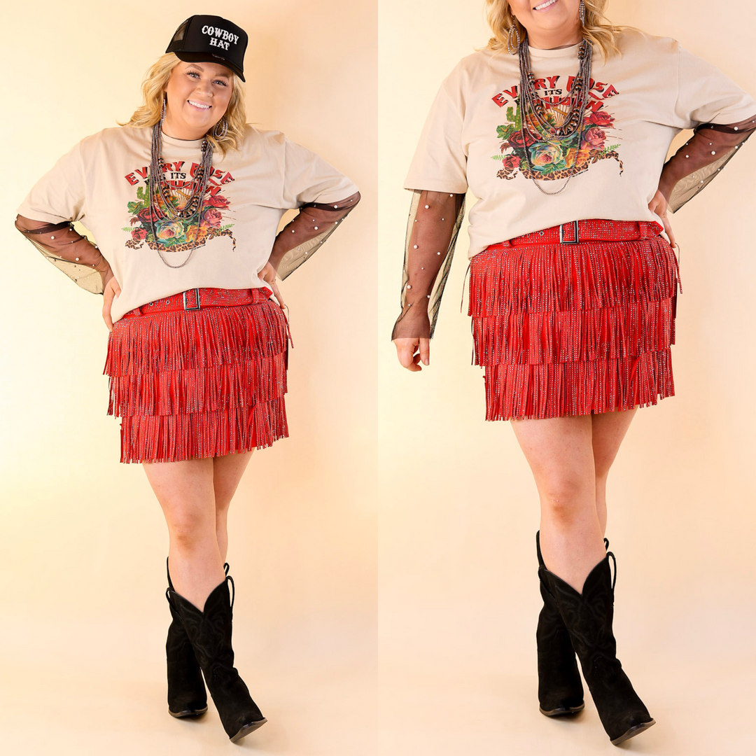 Cowboy Killer Crystal Fringe Mini Skort in Red - Giddy Up Glamour Boutique