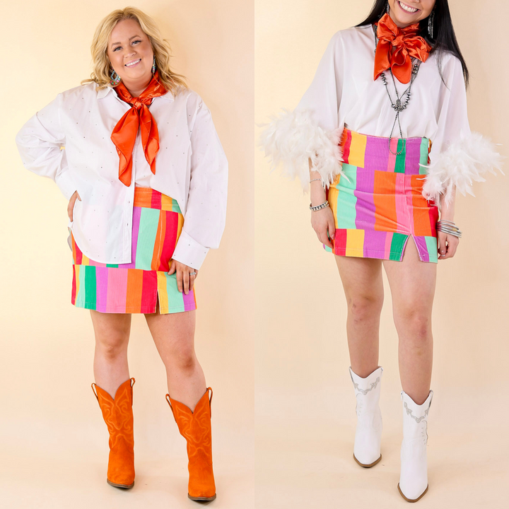 Play It Cool Corduroy Color Block Mini Skirt in Multi - Giddy Up Glamour Boutique
