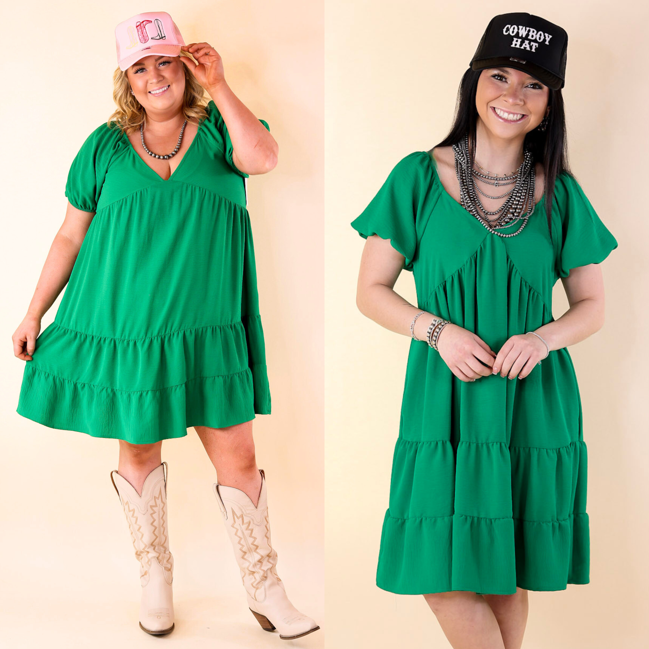 Graceful Journey Short Balloon Sleeve Dress in Green - Giddy Up Glamour Boutique