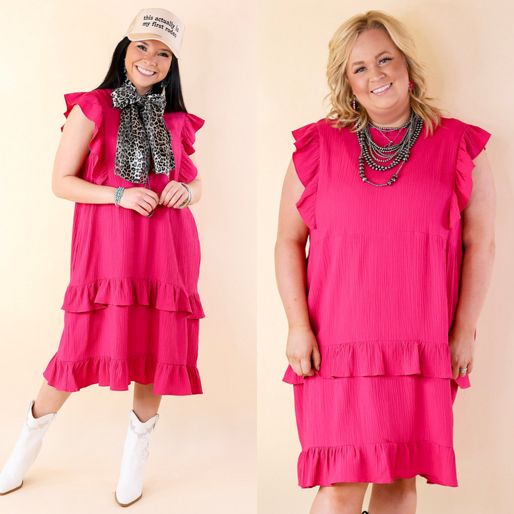Dreaming Bigger Ruffle Detail Midi Dress in Pink - Giddy Up Glamour Boutique