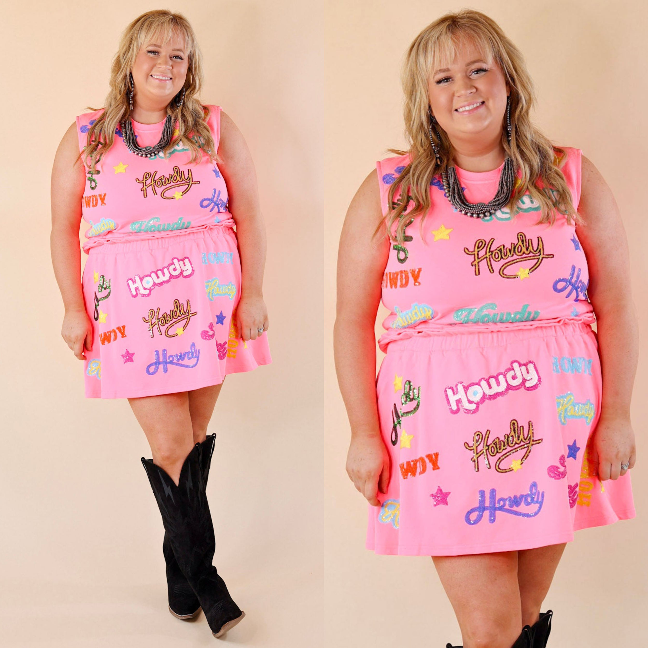 Queen Of Sparkles | Rodeo Royalty Sequined Howdy All Over Tank Top in Neon Pink - Giddy Up Glamour Boutique