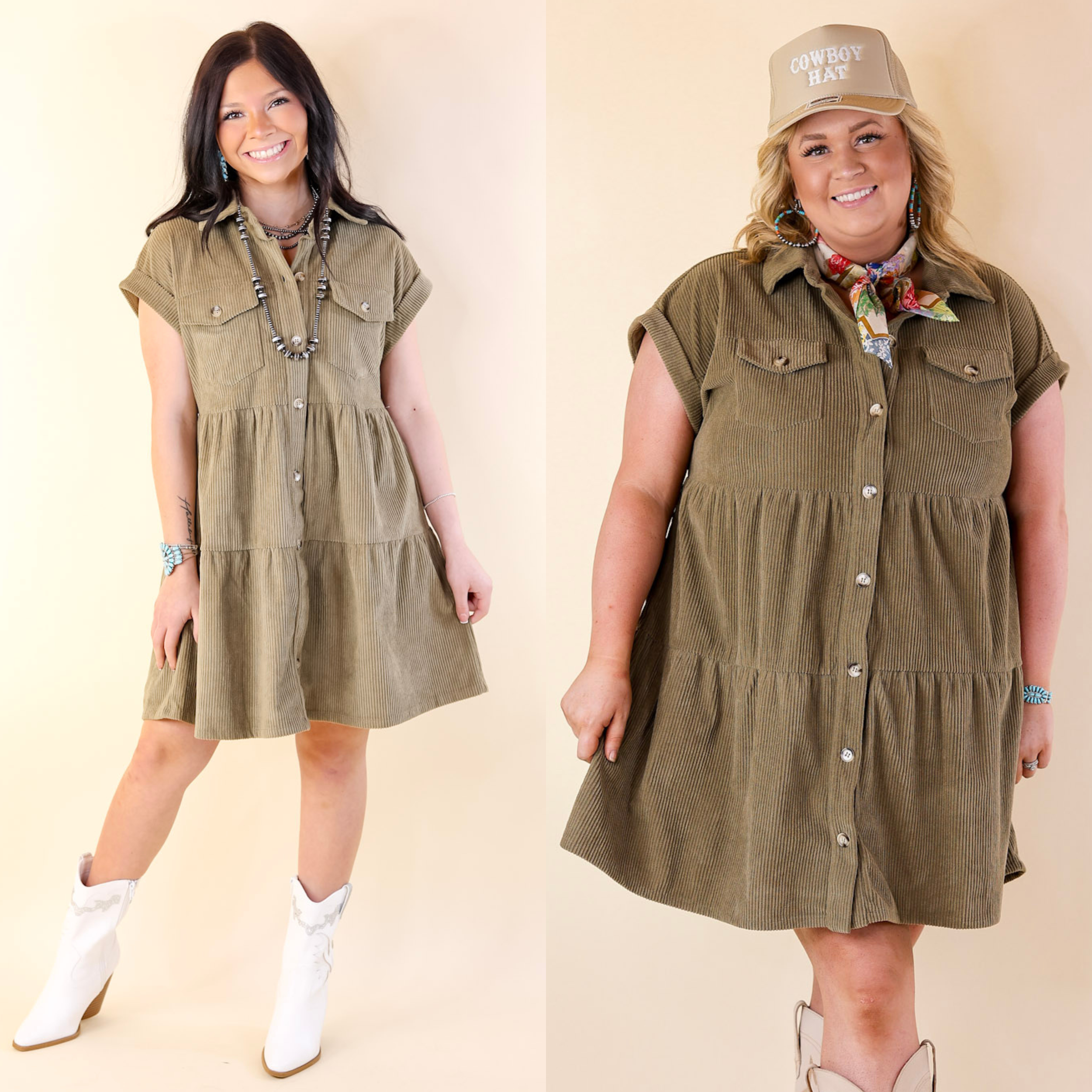 Latest Obsession Button Up Corduroy Dress in Olive Green - Giddy Up Glamour Boutique