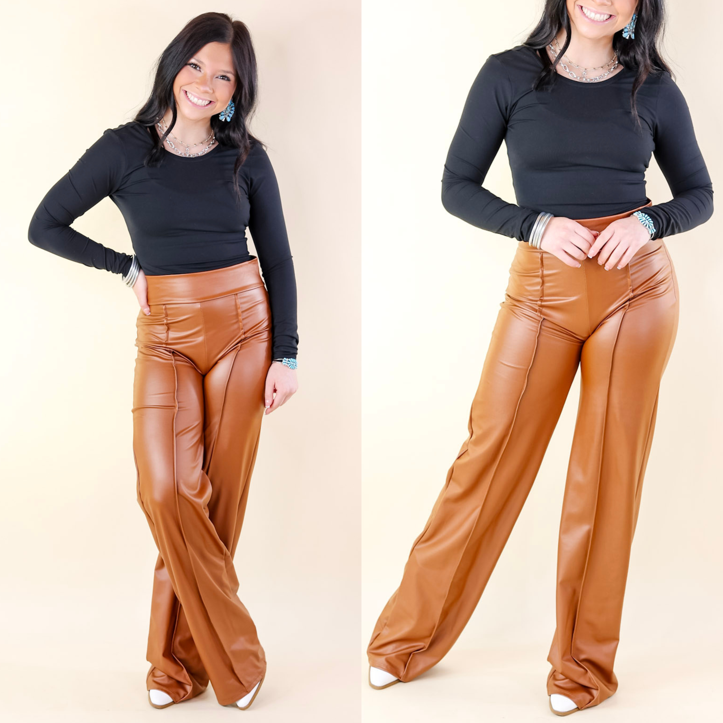 Advice For You Straight Leg Faux Leather Straight Leg with Front Seam in Camel Brown