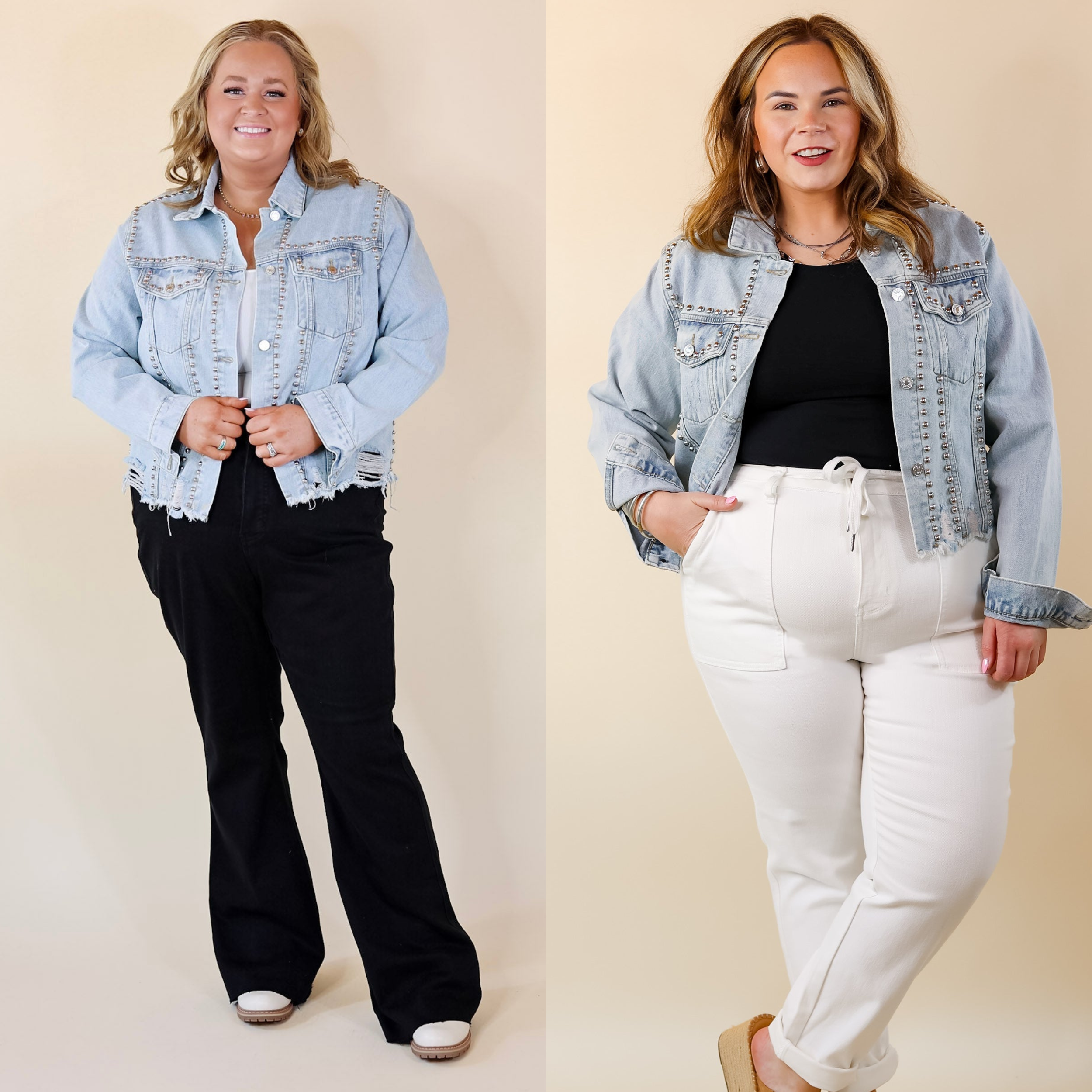 Instantly Impressed Cropped Denim Jacket with Silver Studs in Light Wash - Giddy Up Glamour Boutique