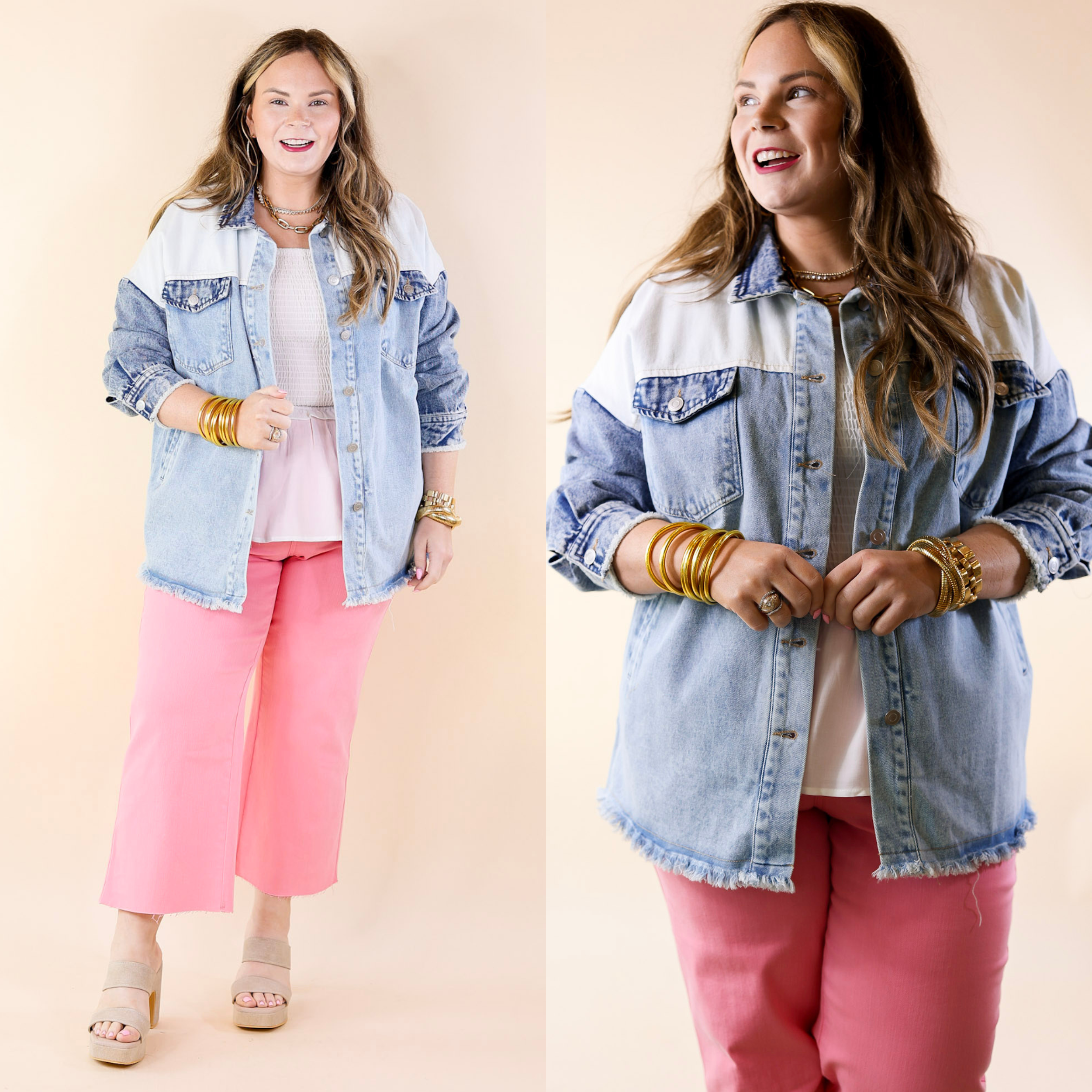 Style Mentor Color Block Button Up Jacket in Denim - Giddy Up Glamour Boutique