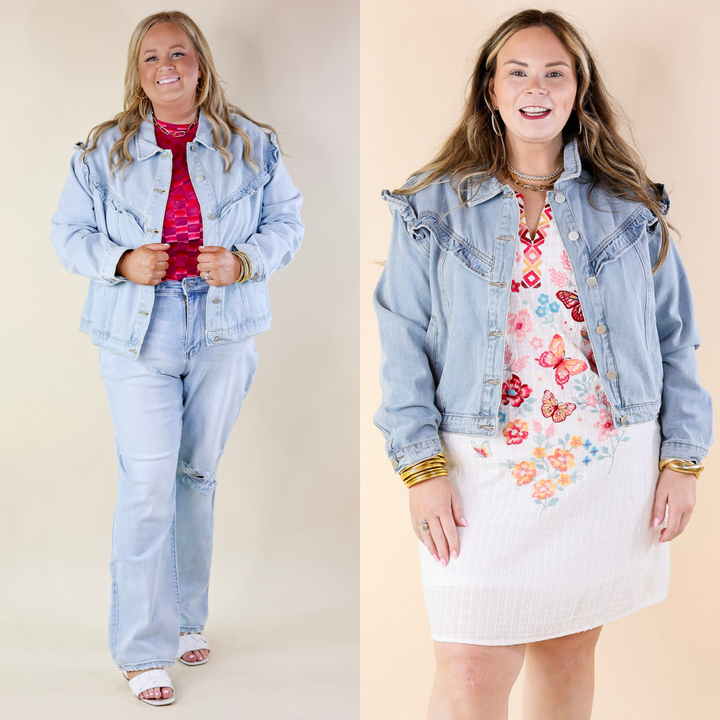 Sweeten the Deal Ruffle Detail Cropped Denim Jacket in Light Wash - Giddy Up Glamour Boutique