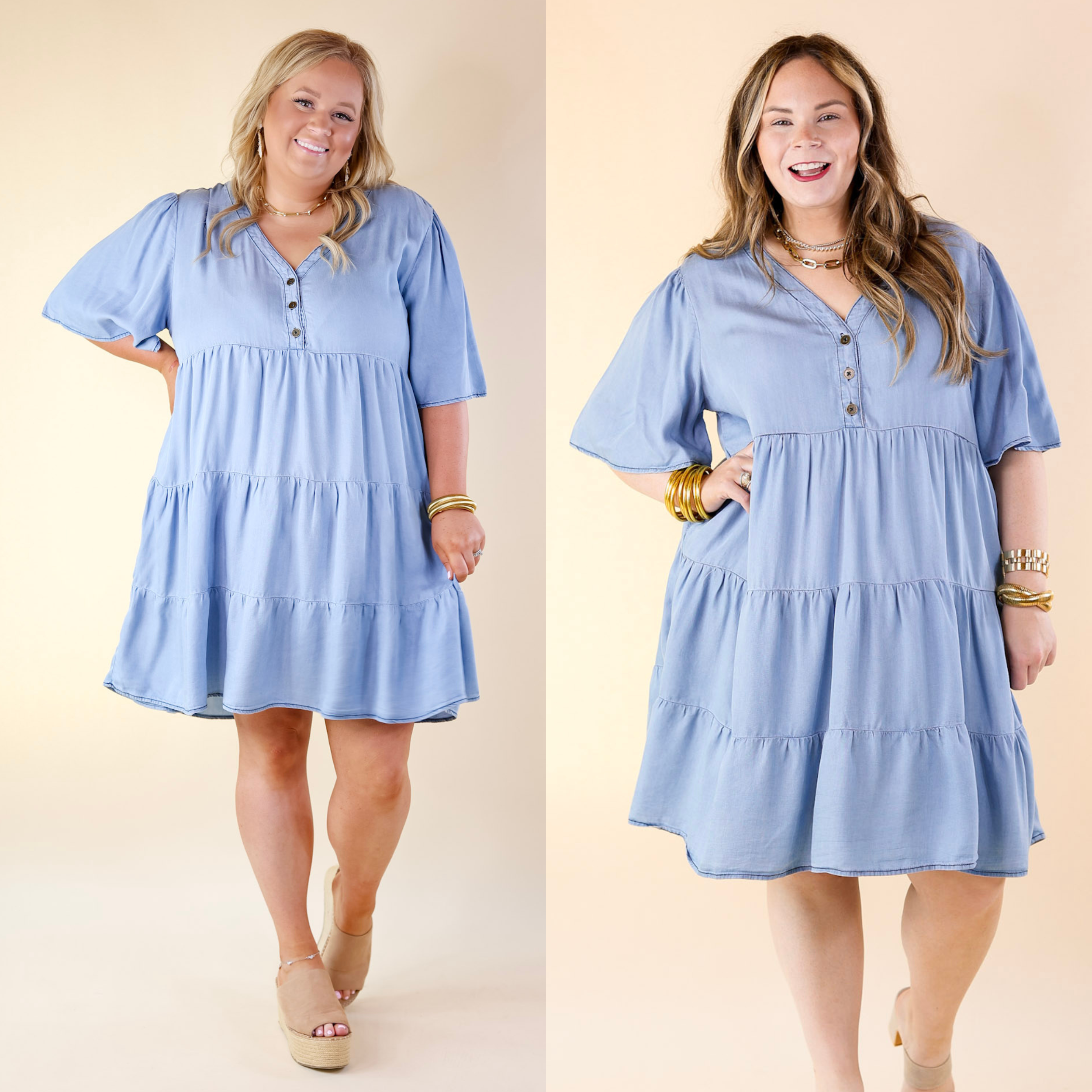 Truly Darling Chambray Tiered Dress with Button Up Yoke in Light Wash - Giddy Up Glamour Boutique