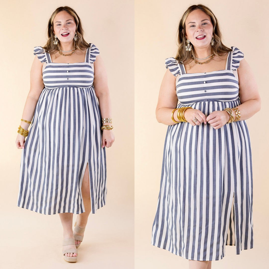 Beach Dreamin Pinstripe Dress in Dark Blue and White - Giddy Up Glamour Boutique