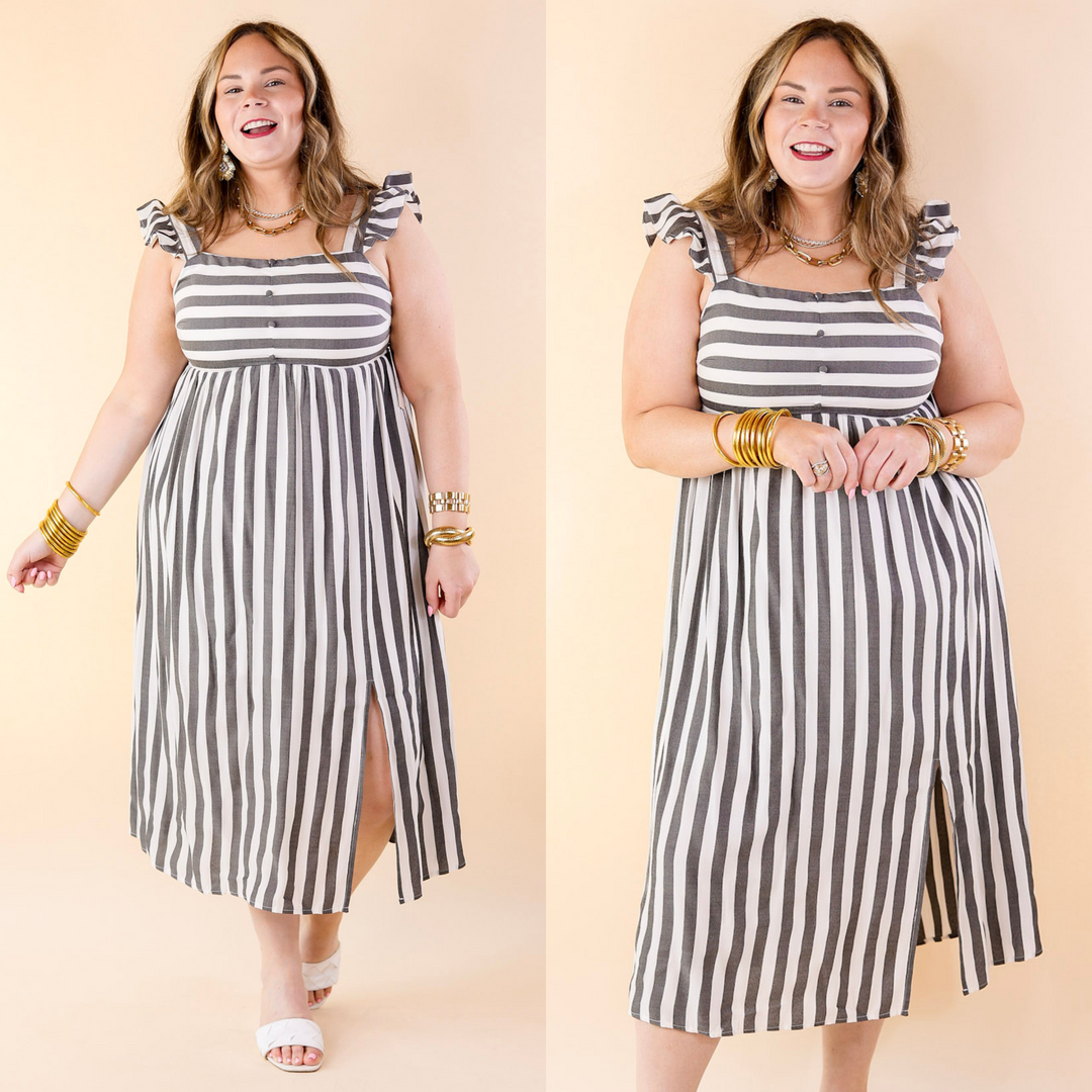 Beach Dreamin Pinstripe Dress in Grey and White - Giddy Up Glamour Boutique