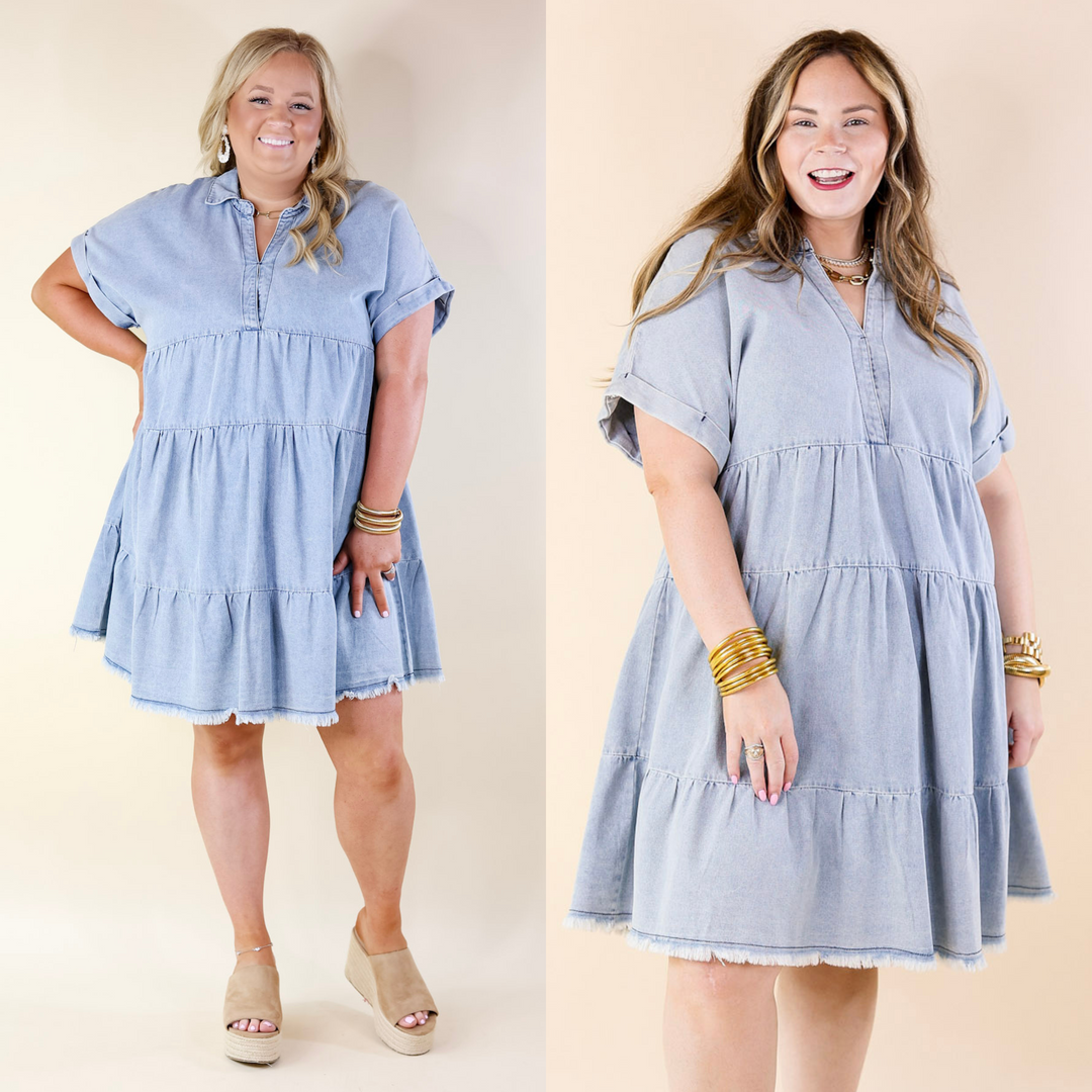 Wait List Tiered Denim Dress with Collared Neckline in Light Wash - Giddy Up Glamour Boutique