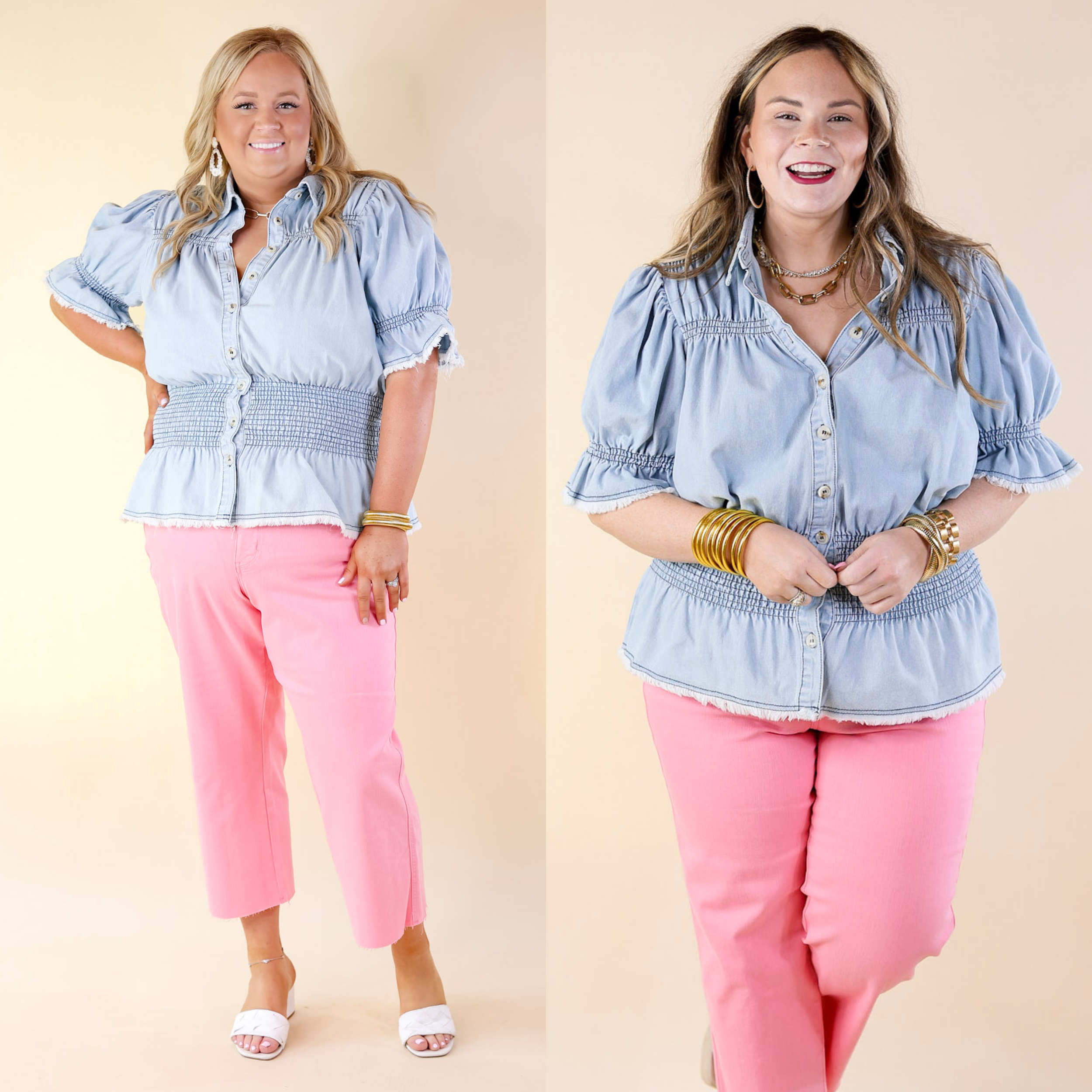 Divine Spark Denim Button Up Peplum Top with Raw Hem in Light Wash - Giddy Up Glamour Boutique