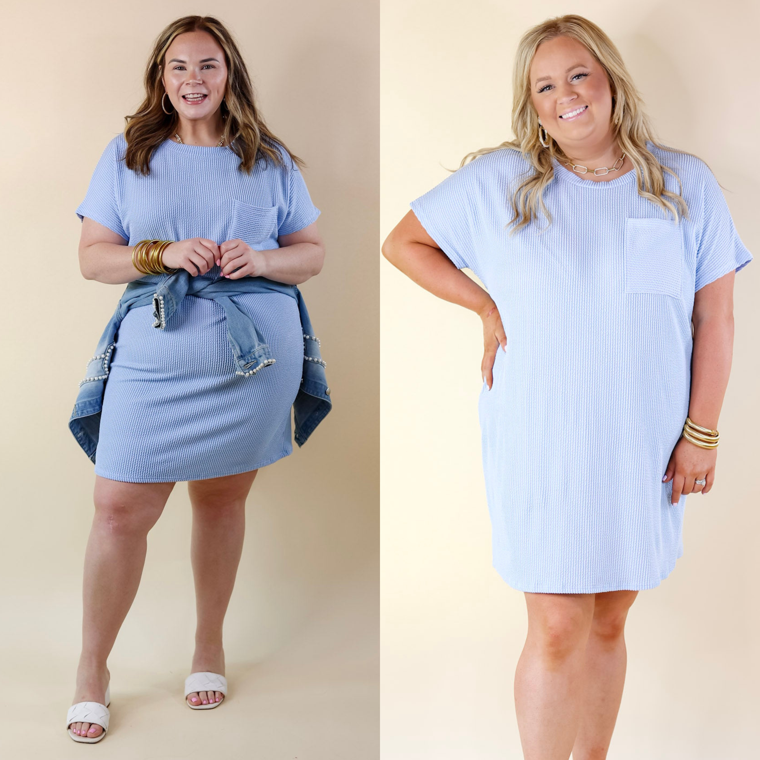 Coffee and Carefree Ribbed Short Sleeve Dress with Front Pocket in Sky Blue - Giddy Up Glamour Boutique