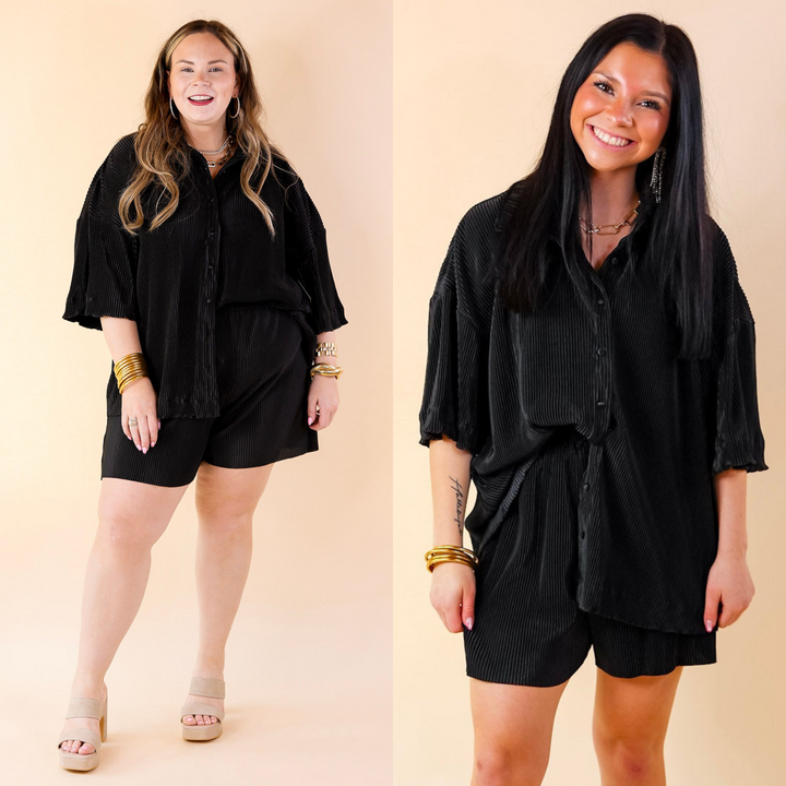 Make Me Dance Plissé Ribbed Button Up Top in Black - Giddy Up Glamour Boutique