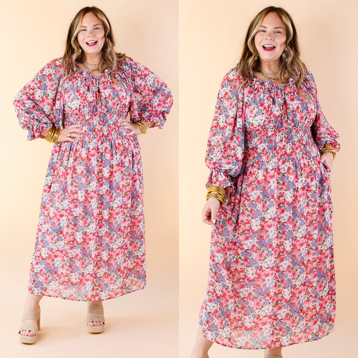 Feeling Floral Smocked Waist Floral Maxi Dress in Pink - Giddy Up Glamour Boutique
