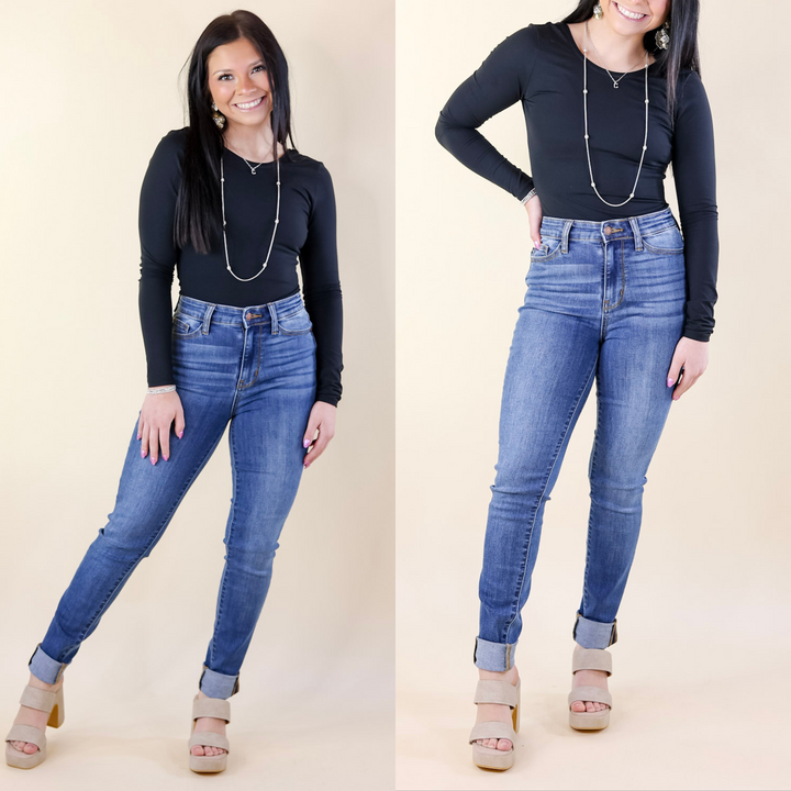 Judy Blue | Signature Stride Cuffed Hem Skinny Jeans in Medium Wash - Giddy Up Glamour Boutique