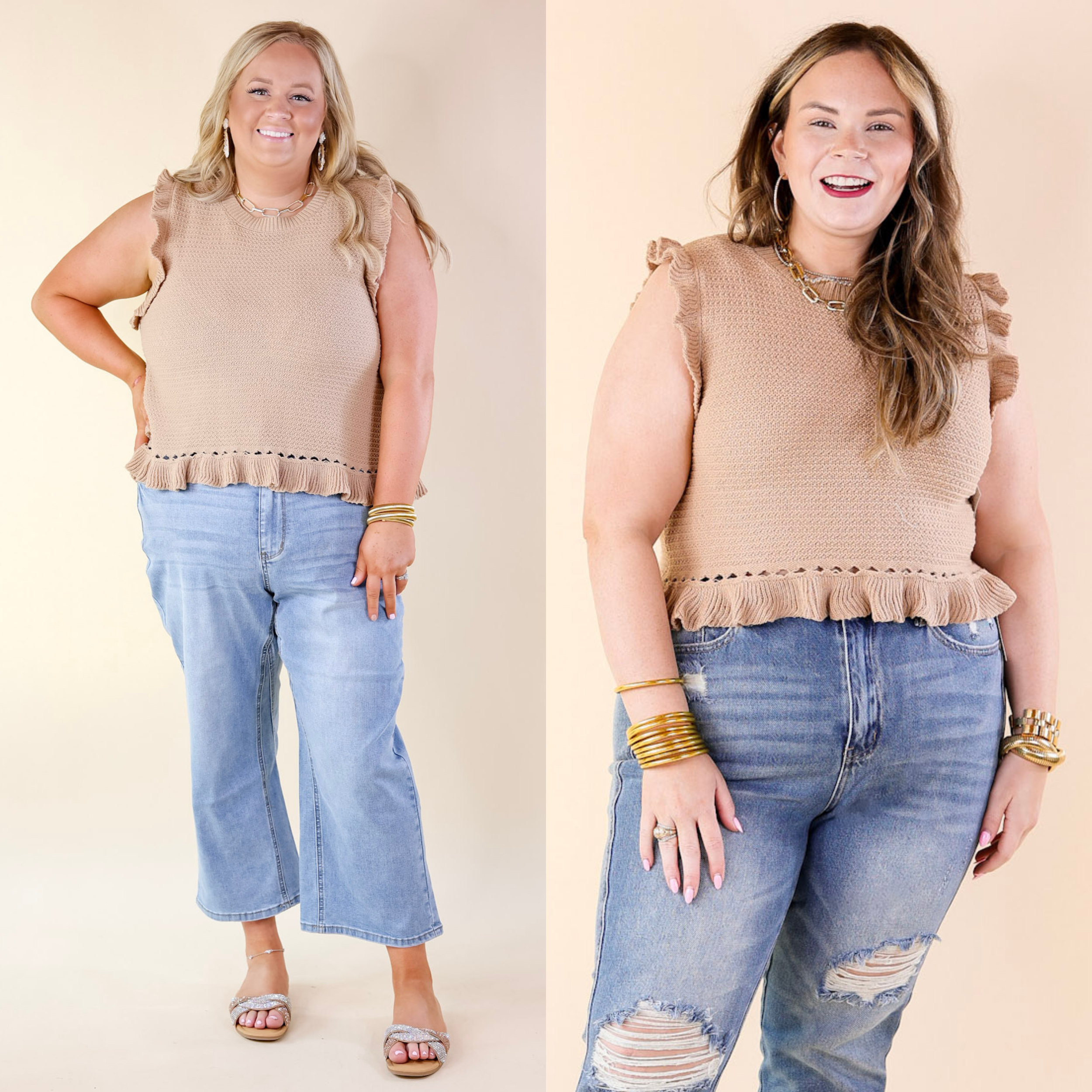 Breezy Baby Cropped Sweater with Ruffle Cap Sleeves in Mocha - Giddy Up Glamour Boutique