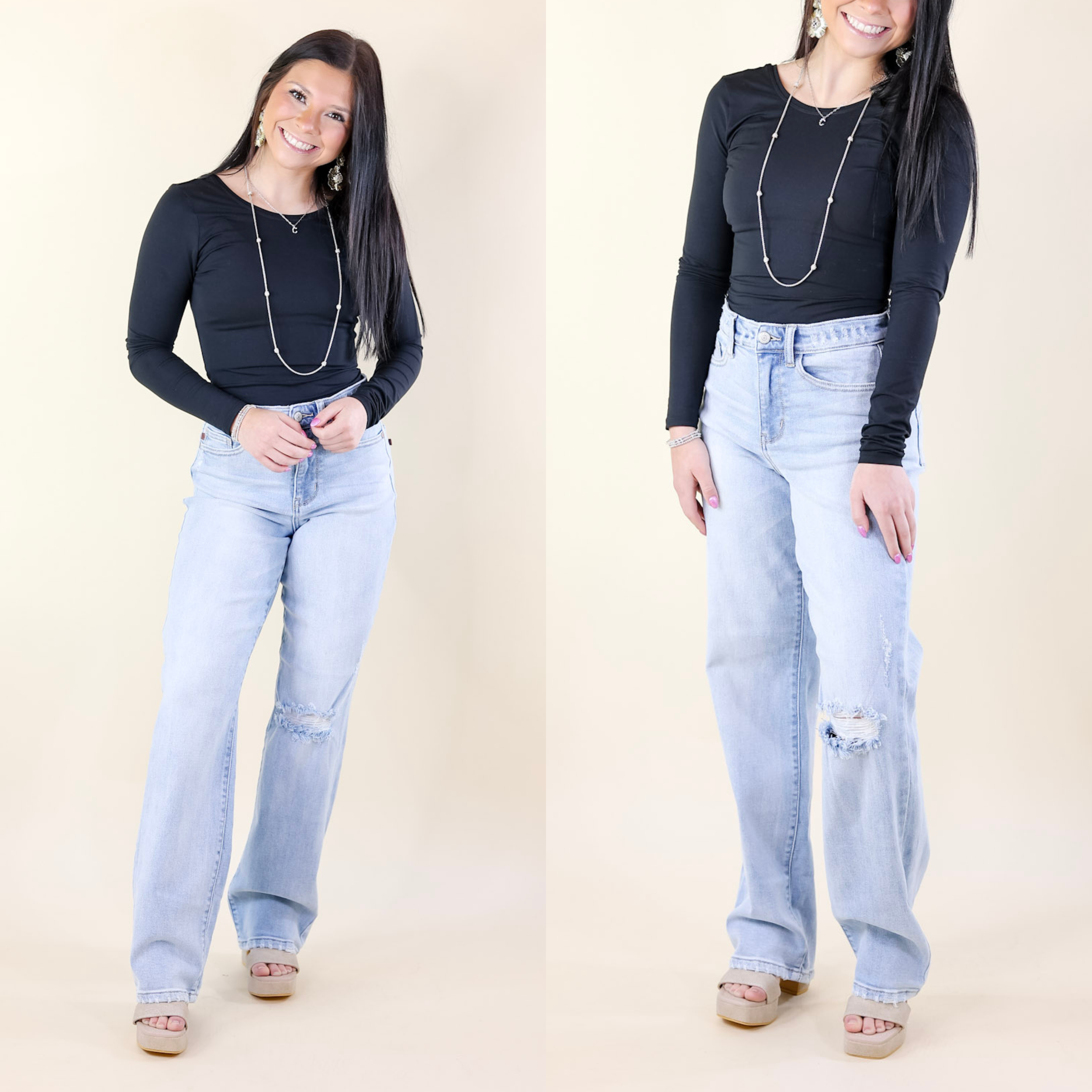 Judy Blue | Retro Edge 90's Ripped Knee and Back Straight Leg Jeans in Light Wash - Giddy Up Glamour Boutique