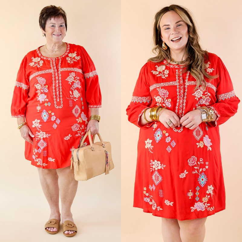 Chasing Sunshine Half Button Embroidered Dress with Half Sleeves in Red - Giddy Up Glamour Boutique