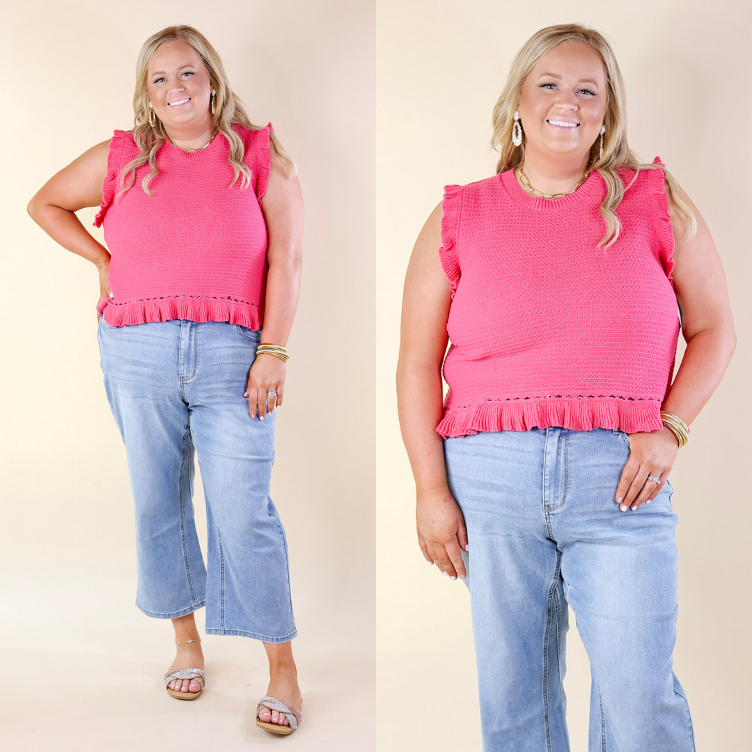 Breezy Baby Cropped Sweater with Ruffle Cap Sleeves in Hot Pink - Giddy Up Glamour Boutique