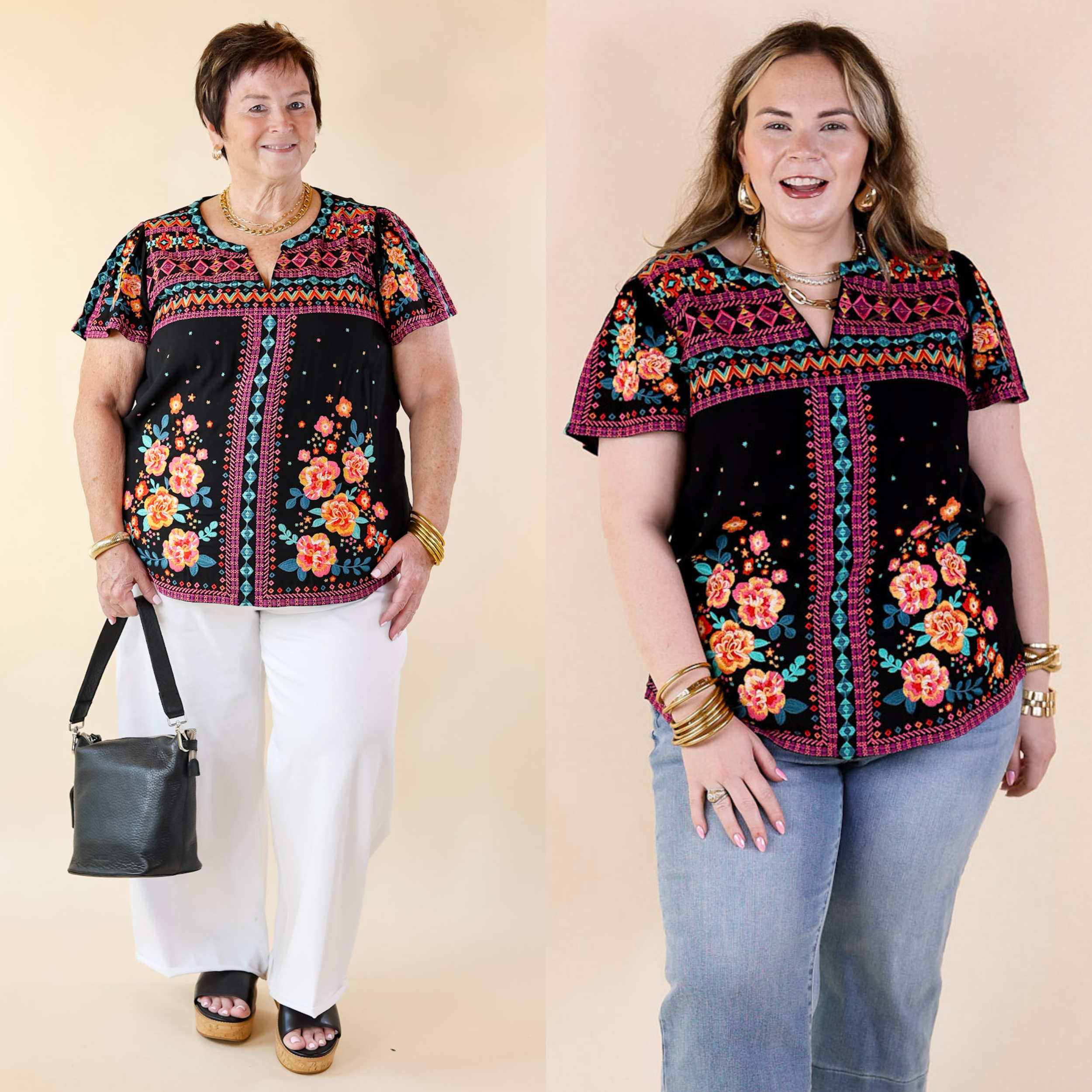 On The Blog Notched Neck Embroidered Top in Black - Giddy Up Glamour Boutique