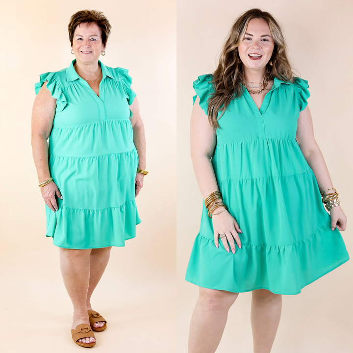 All Of A Sudden Ruffle Cap Sleeve Short Dress in Mint Green - Giddy Up Glamour Boutique