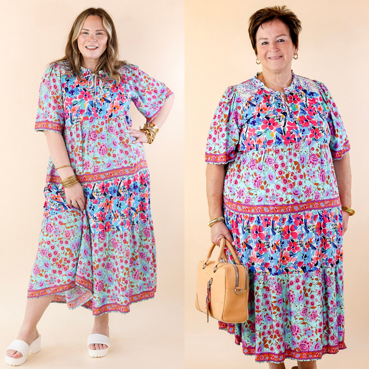 Tulip Fields Floral Tiered Midi Dress in Mint Green Mix - Giddy Up Glamour Boutique