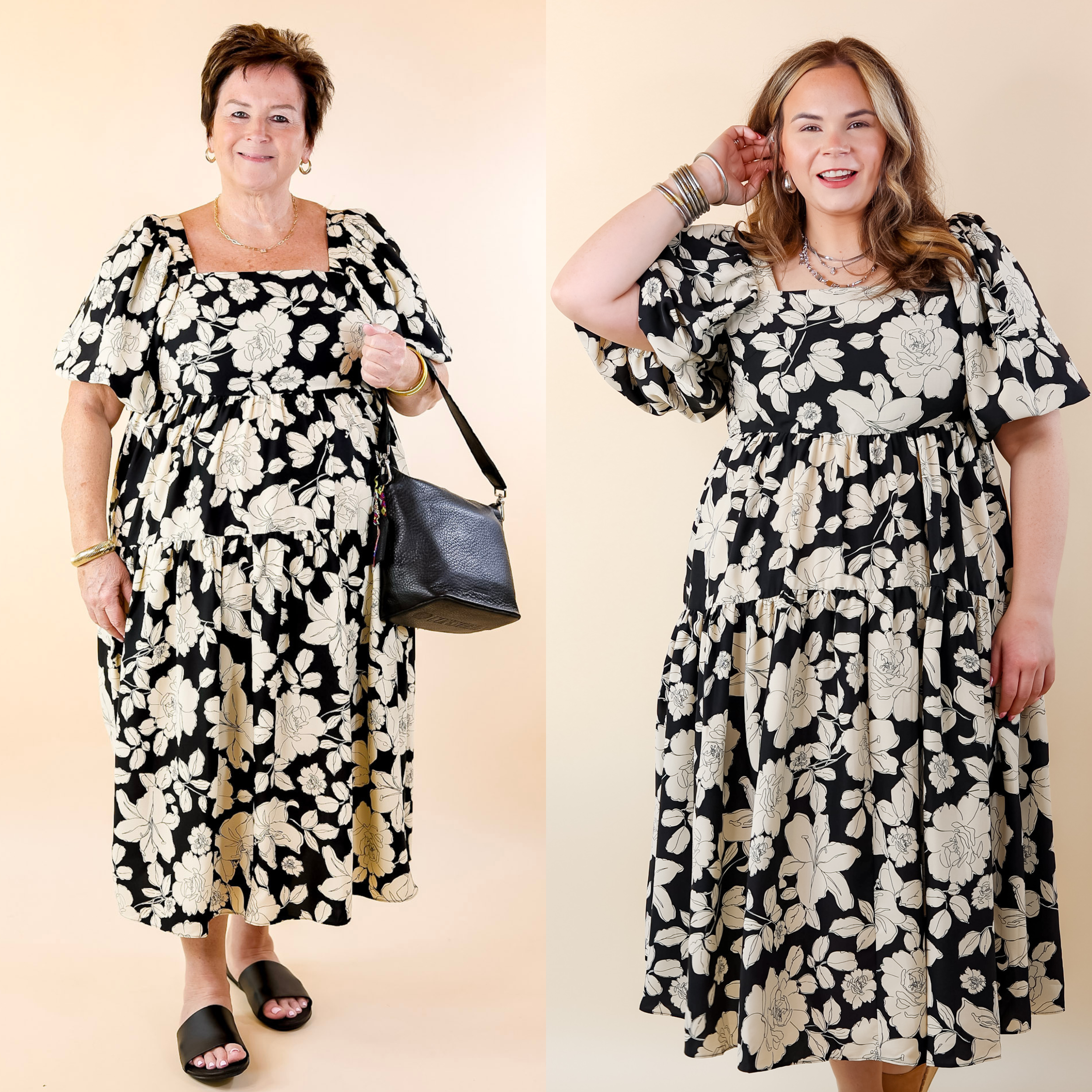 Floral Fascination Tiered Midi Dress in Black and White - Giddy Up Glamour Boutique