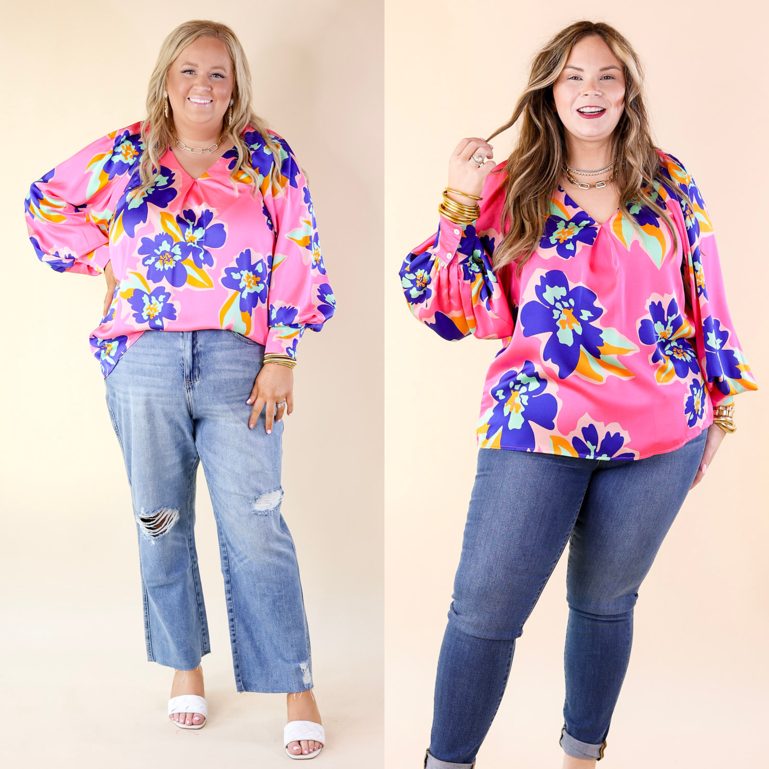 Peony Path Long Sleeve Floral Top with V Neckline in Pink - Giddy Up Glamour Boutique