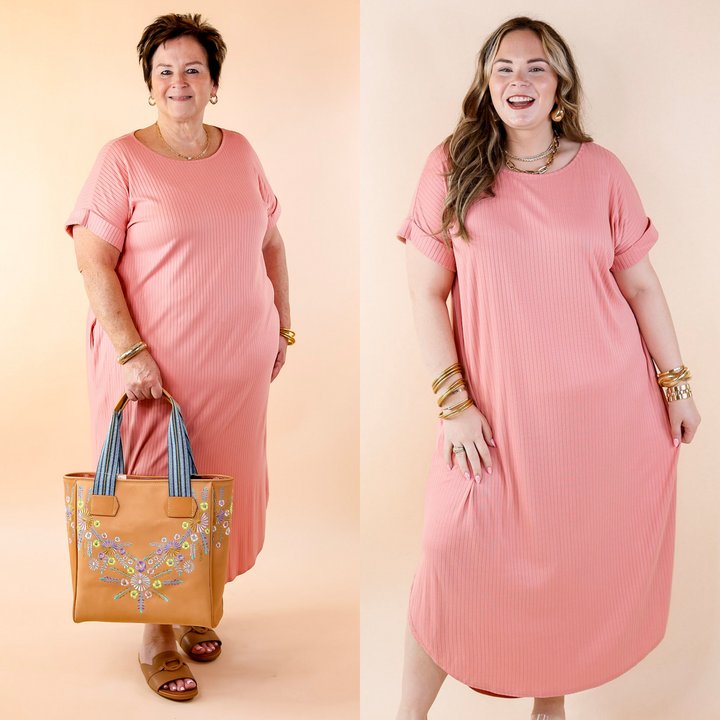 Chill Looks Short Sleeve Ribbed Midi Dress in Peach Pink - Giddy Up Glamour Boutique