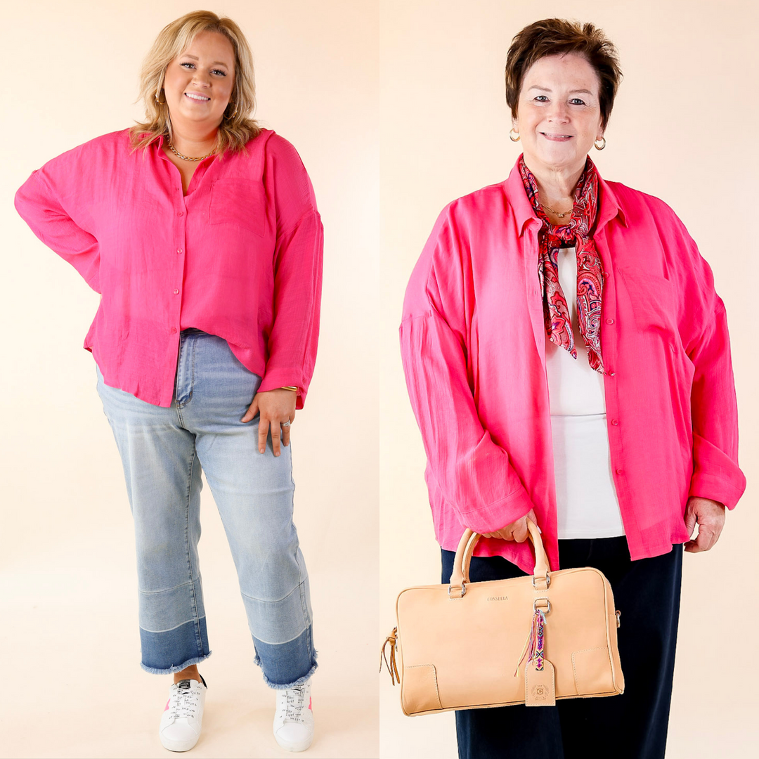 Look on the Bright Side Button Up Long Sleeve in Hot Pink - Giddy Up Glamour Boutique