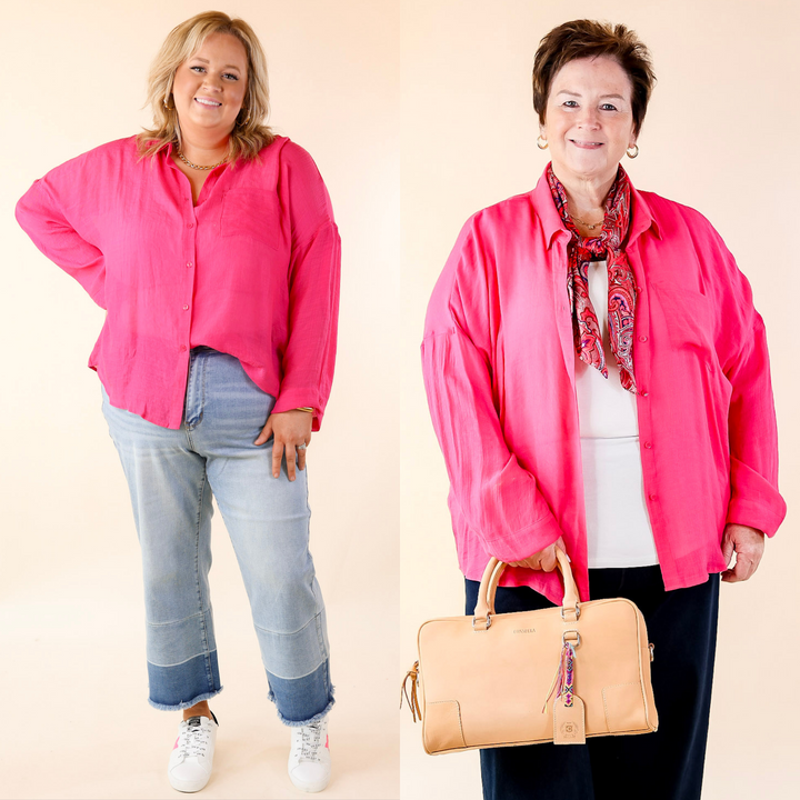 Look on the Bright Side Button Up Long Sleeve in Hot Pink - Giddy Up Glamour Boutique