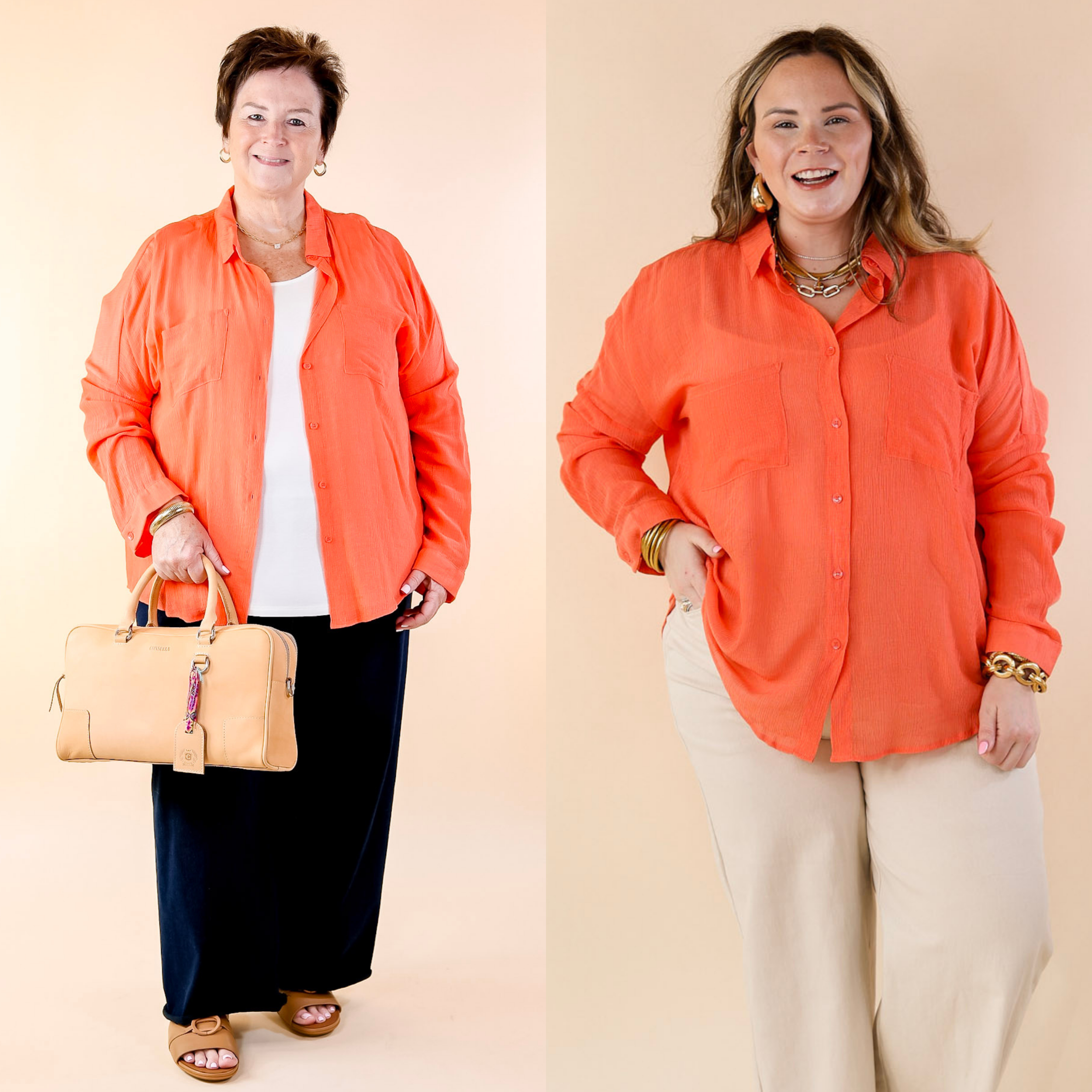 Effortlessly Charming Button Up With Crepe Fabric Top in Coral Orange - Giddy Up Glamour Boutique