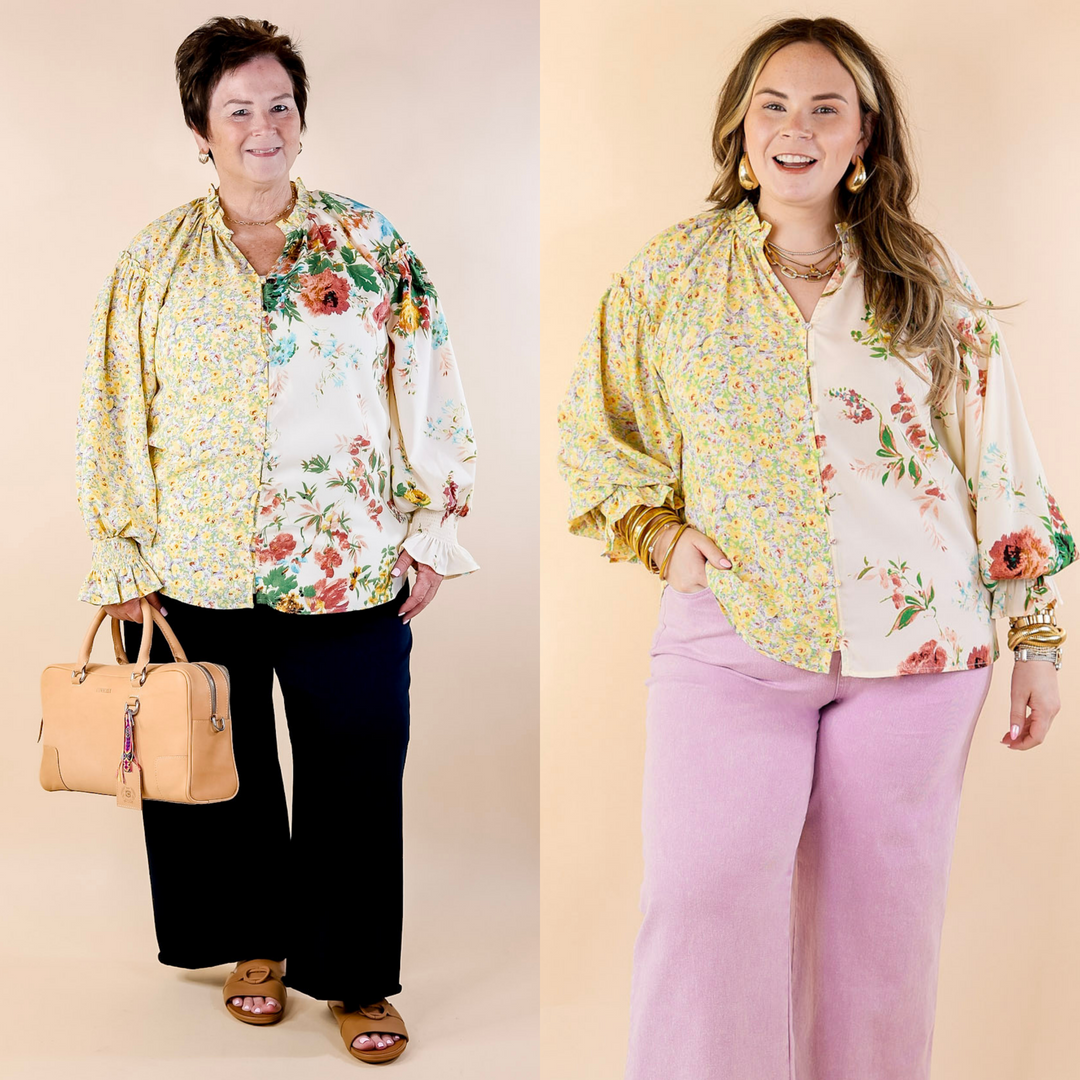 Tulip Time Floral Mix Print Button Up Blouse in Yellow - Giddy Up Glamour Boutique