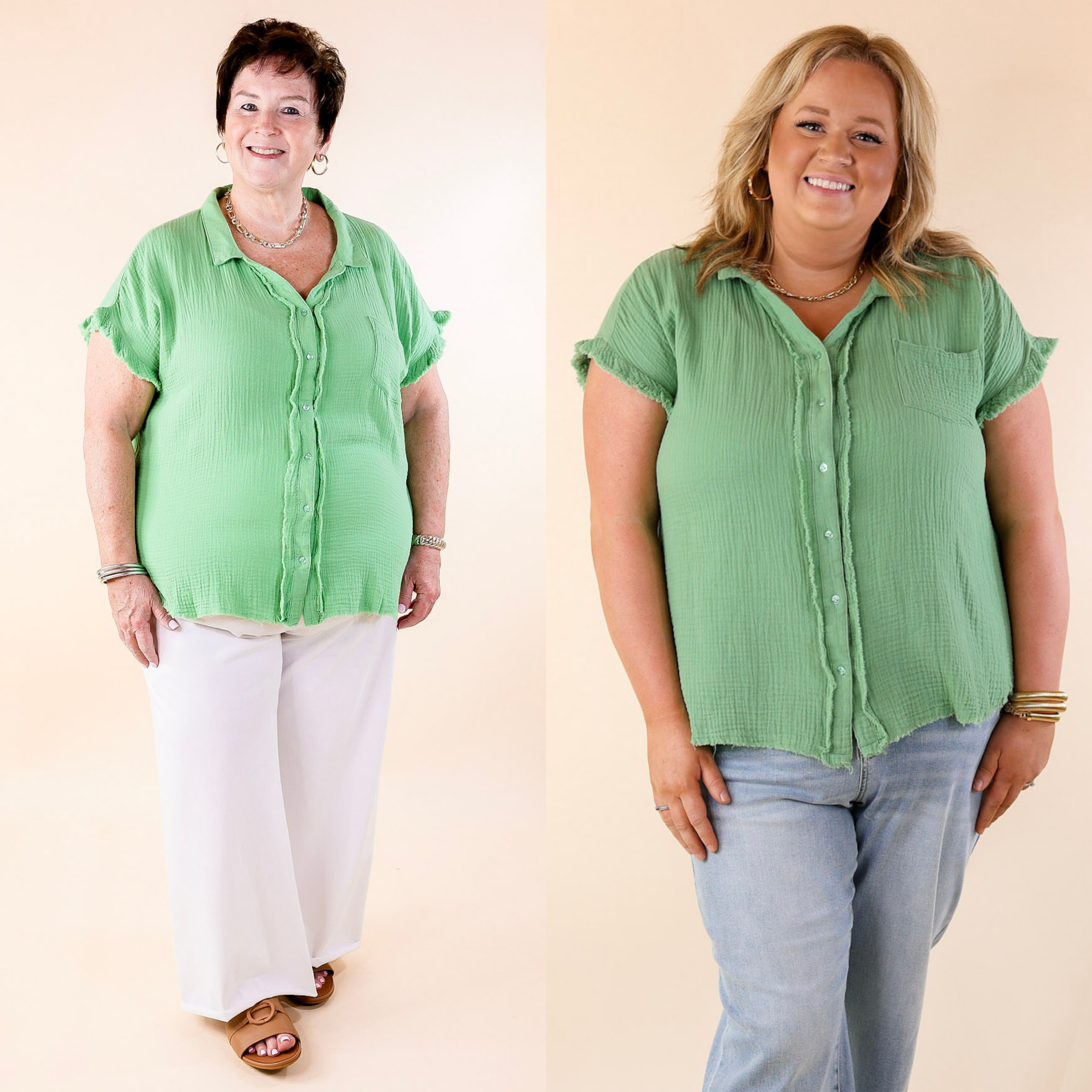 Right On Cue Button Up Raw Hem Top in Spring Green - Giddy Up Glamour Boutique
