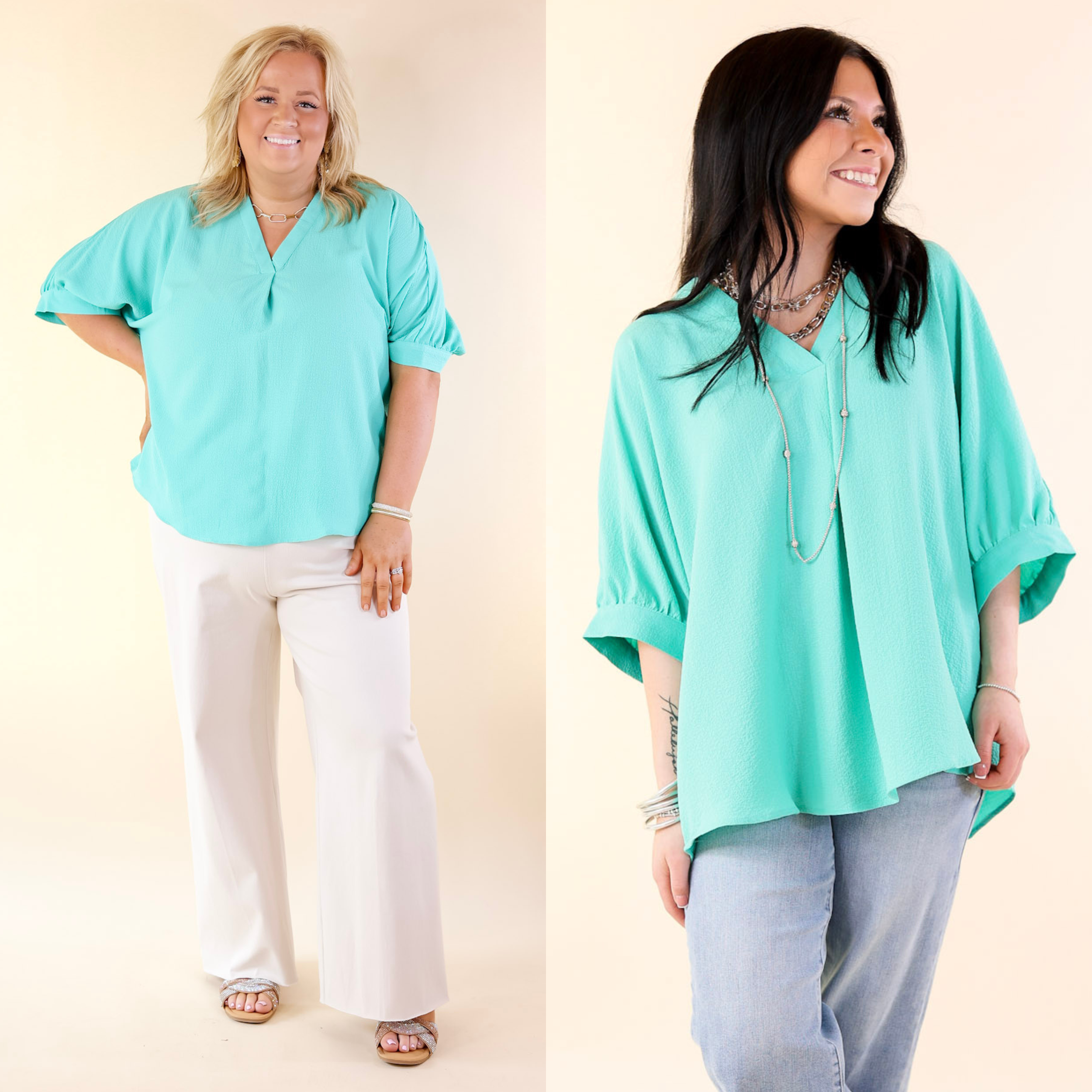 Chic and Charming V Neck Top with 3/4 Sleeves in Emerald Green