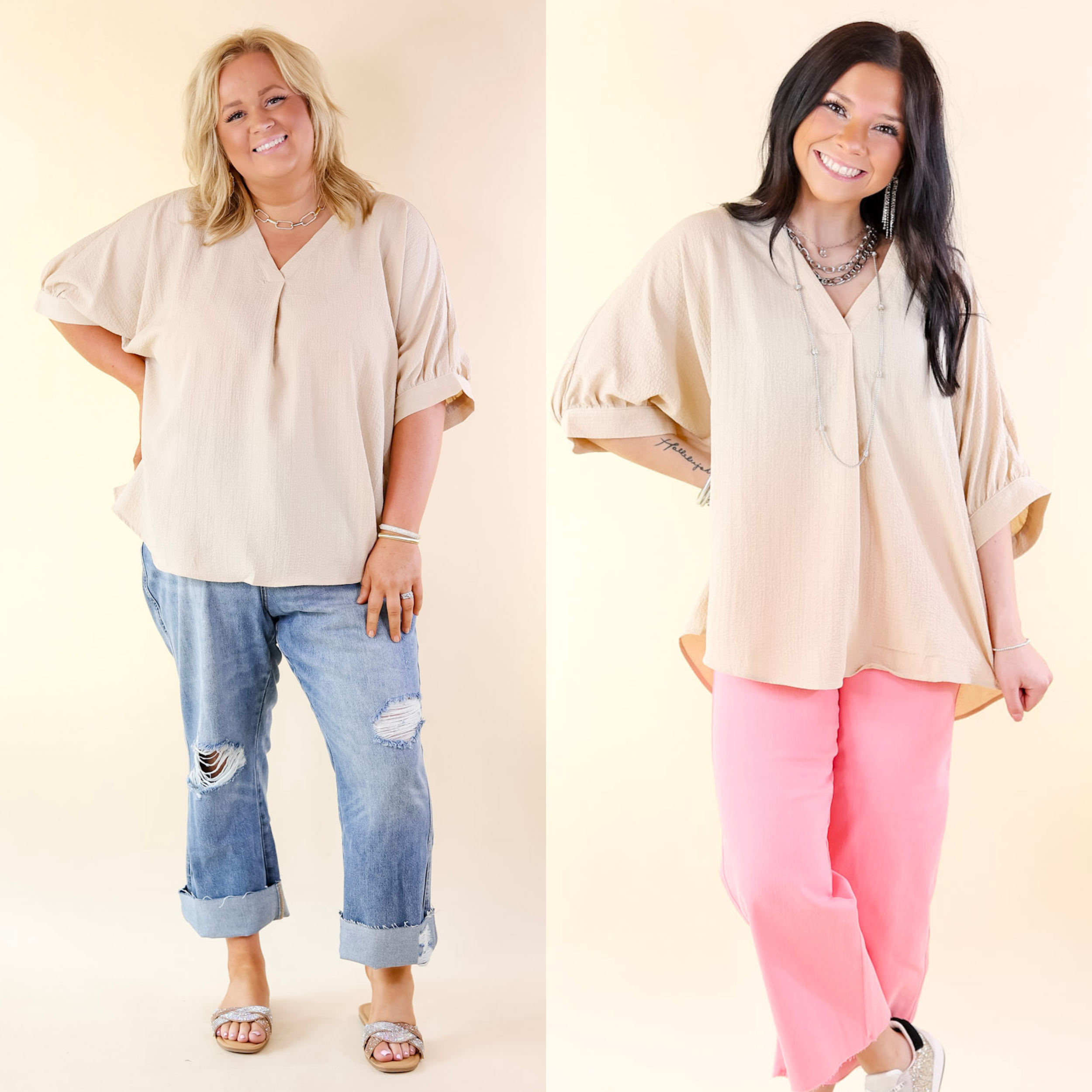 Chic and Charming V Neck Top with 3/4 Sleeves in Taupe