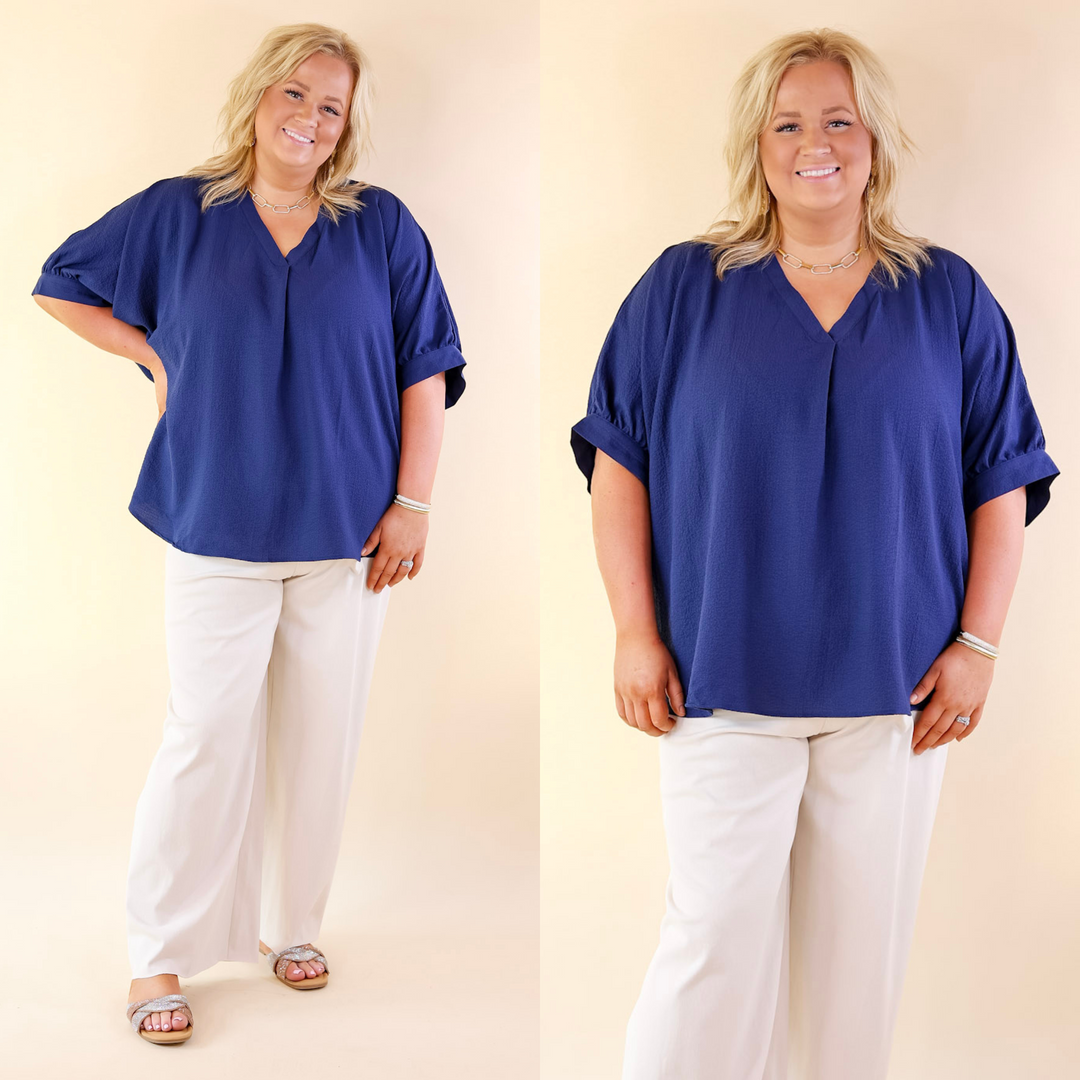 Chic and Charming V Neck Top with 3/4 Sleeves in Navy Blue - Giddy Up Glamour Boutique
